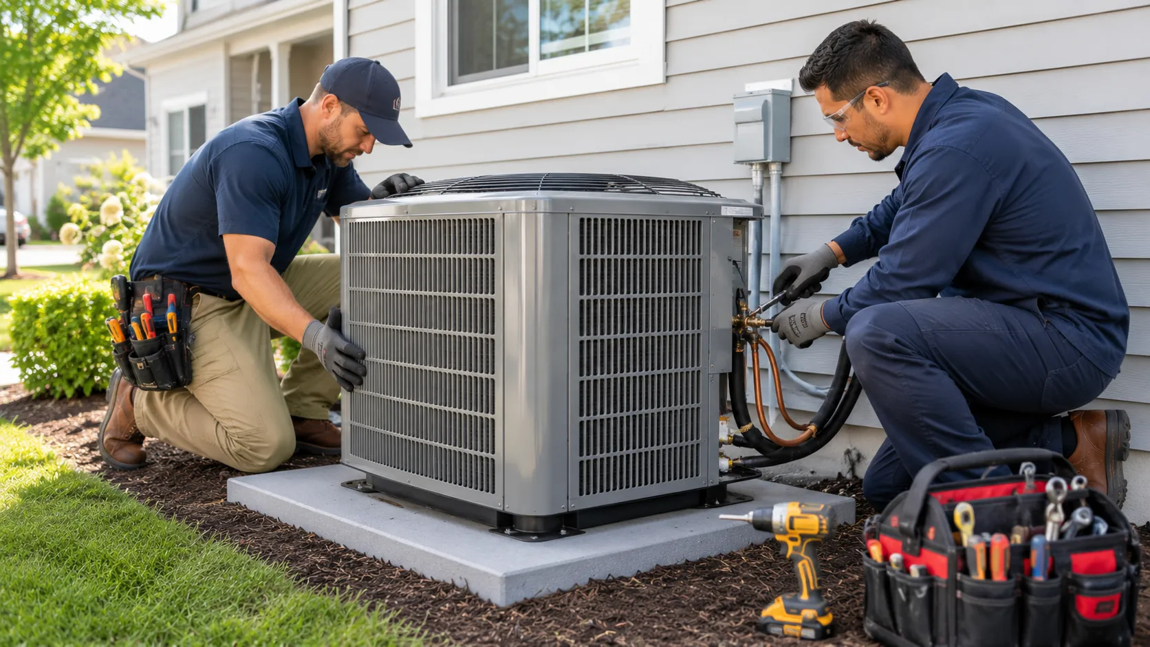 Technician installing a replacement air conditioning unit