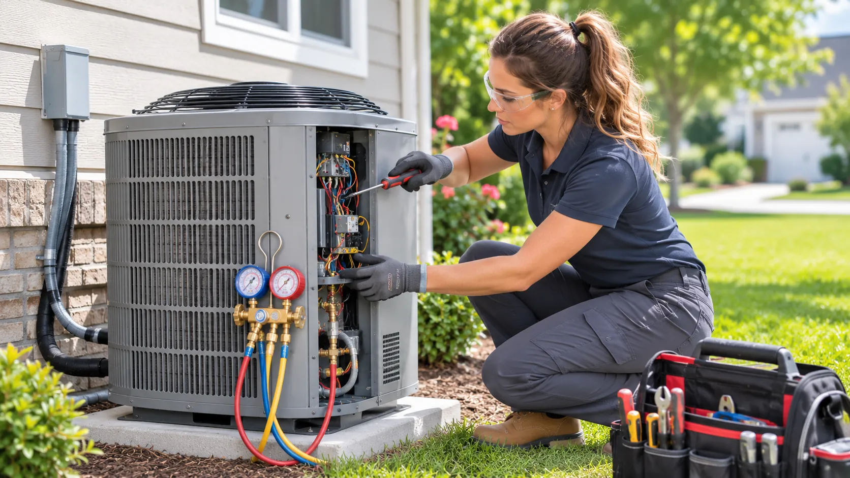 HVAC technician performing maintenance on an air conditioning system