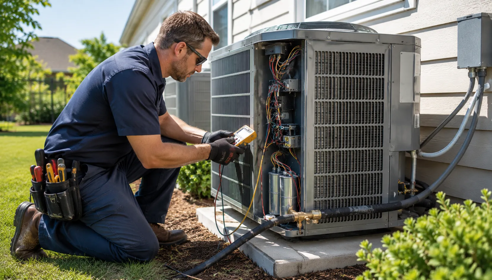 HVAC technician repairing an outdoor air conditioning unit
