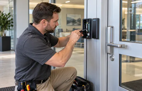 Technician servicing an access control entry system