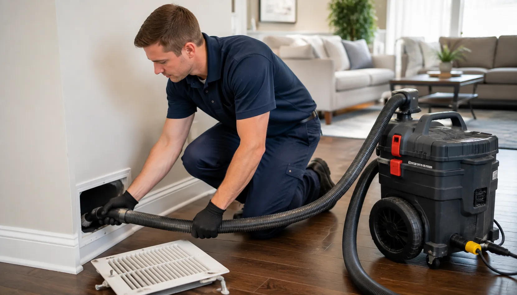 Technician performing residential air duct cleaning