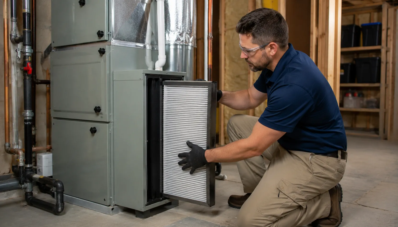 Technician servicing indoor air filtration equipment