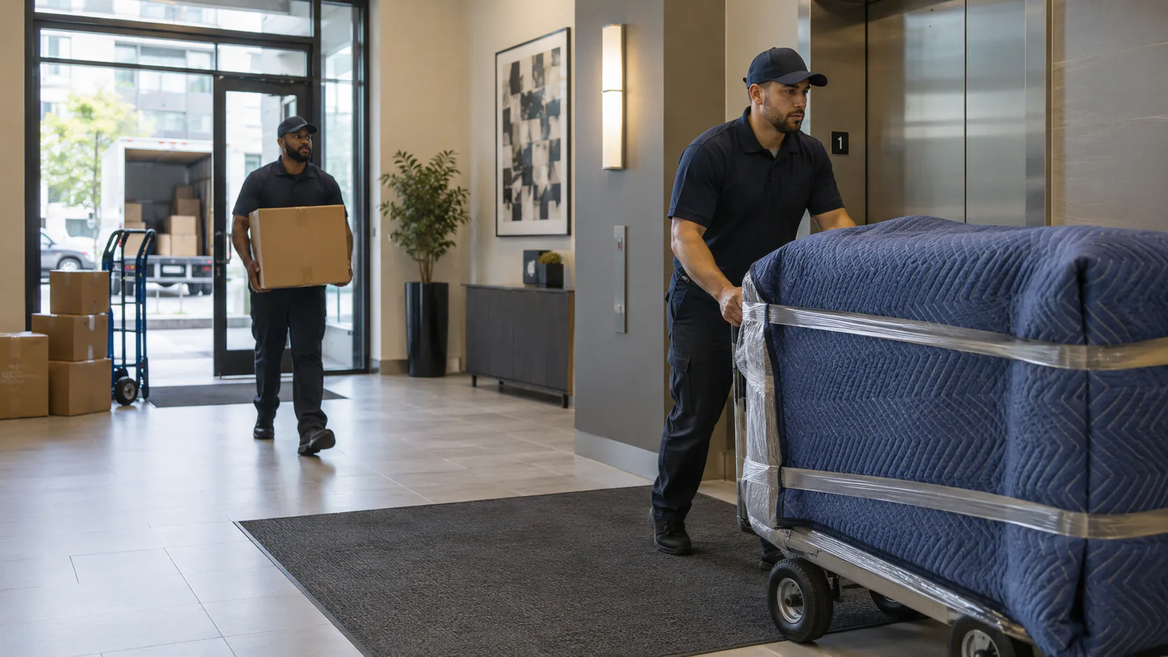 Movers carrying boxes through an apartment building