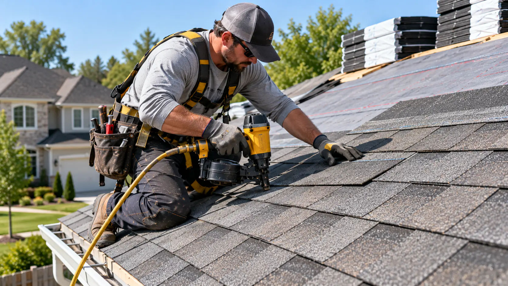 Roofer laying asphalt shingles on a home
