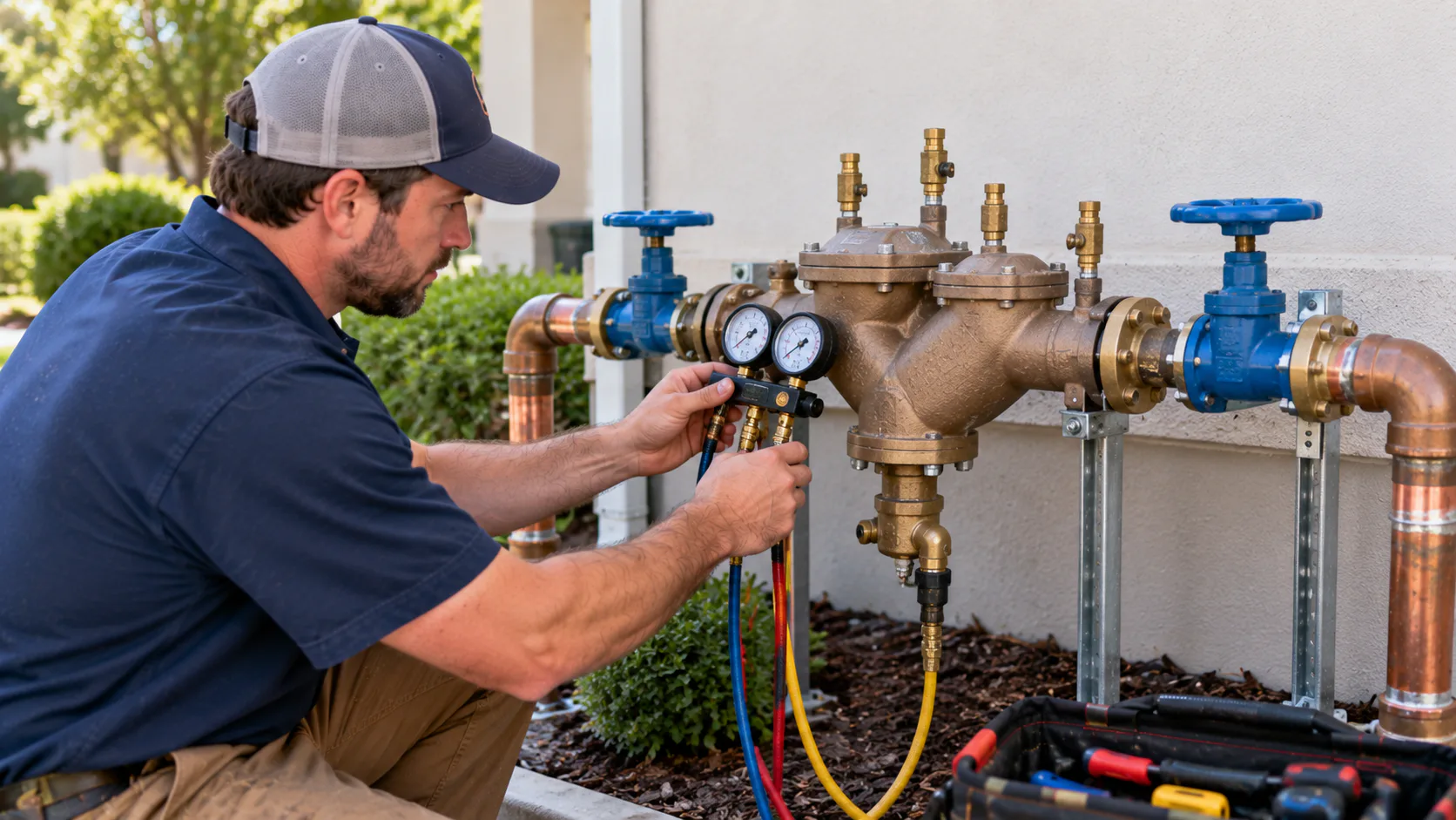 Plumber testing a backflow prevention device