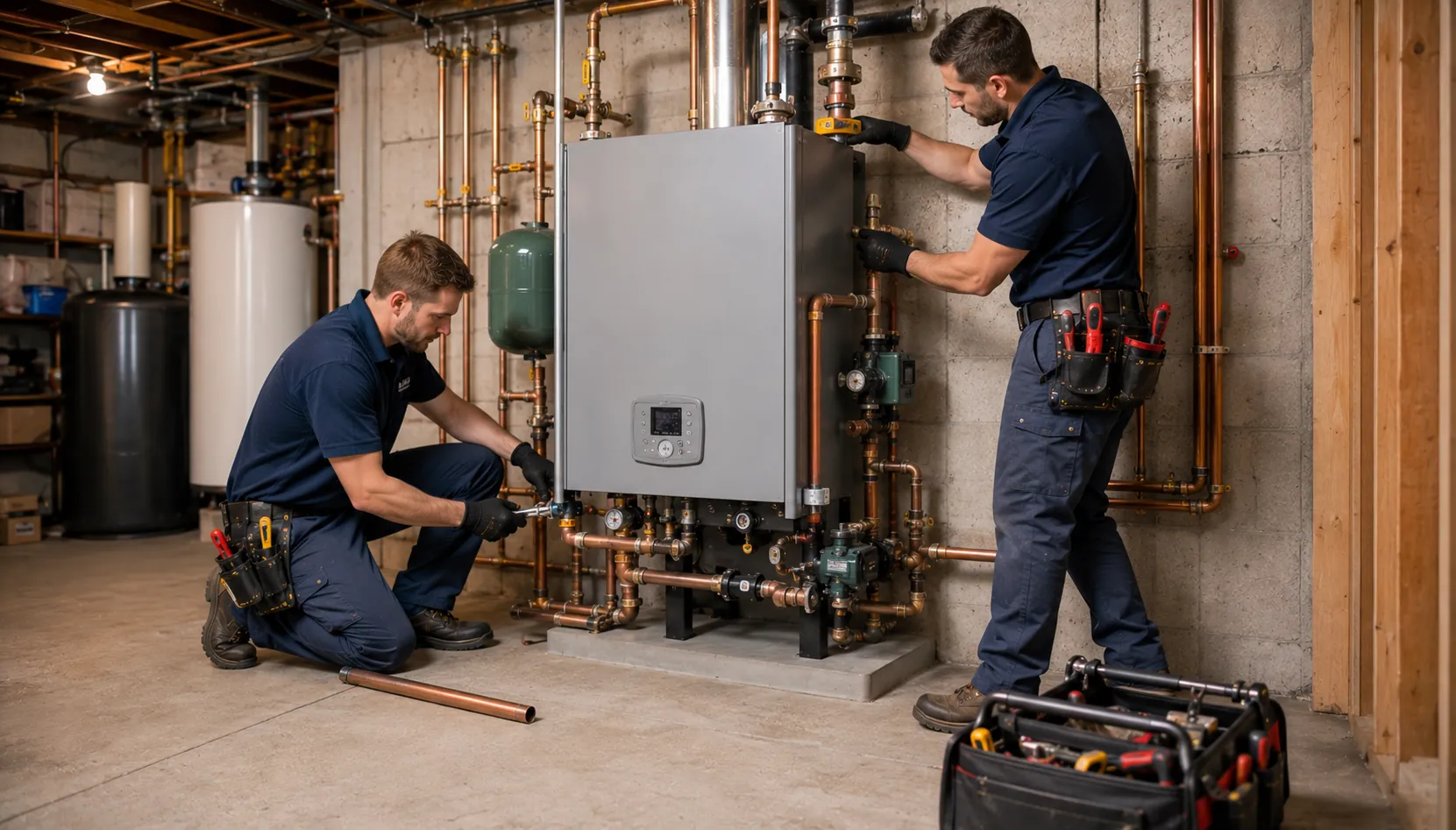 Technician installing a replacement boiler system