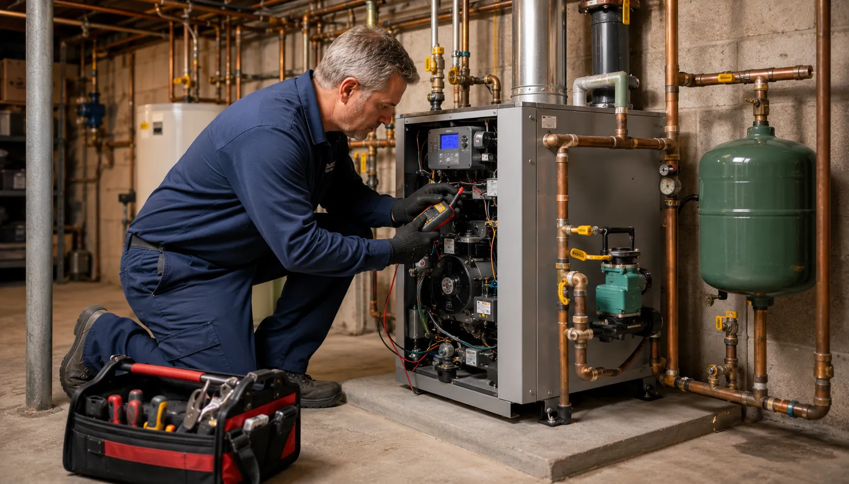 Technician inspecting a residential boiler system
