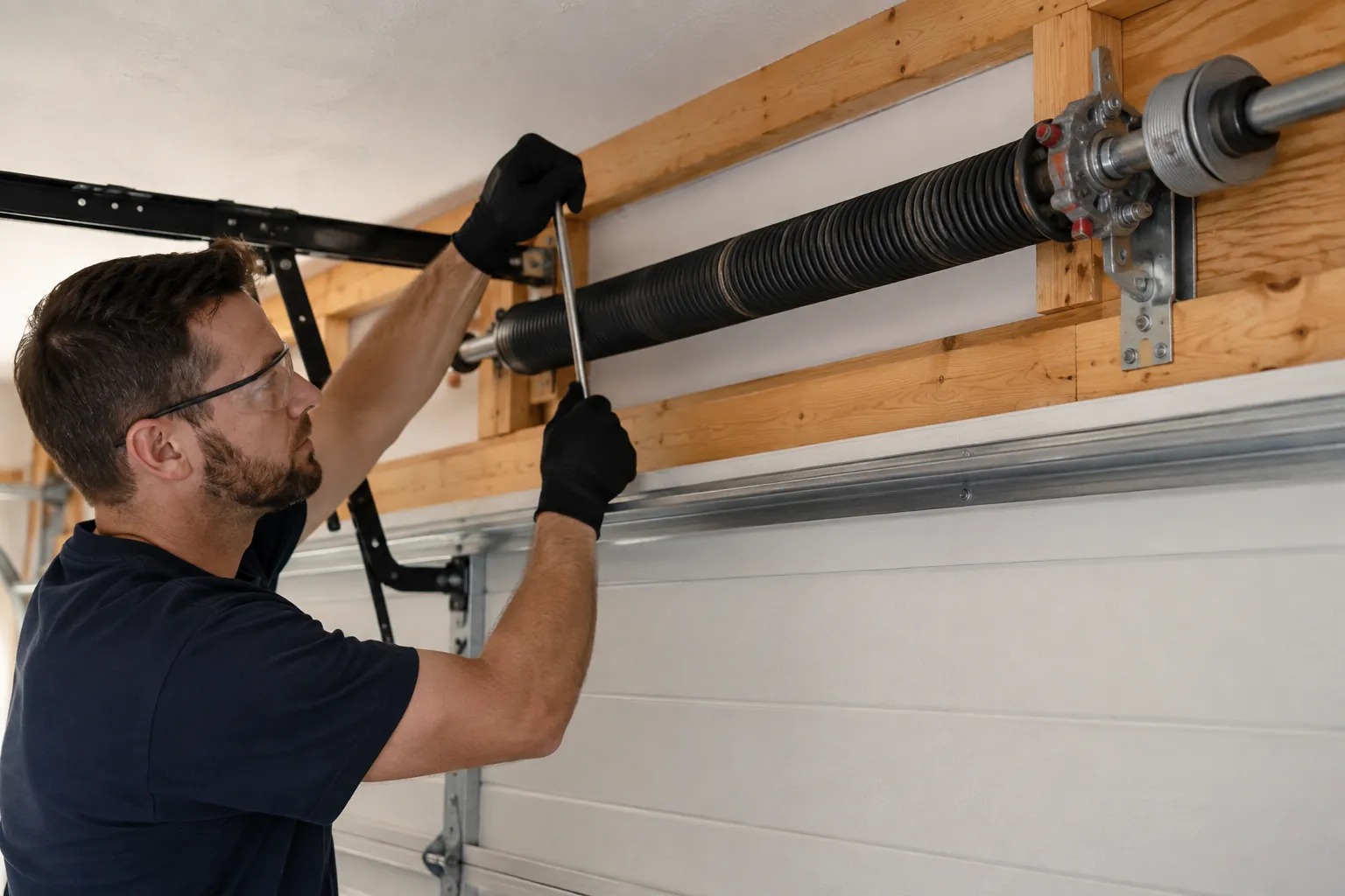 Garage door technician working on a torsion spring assembly