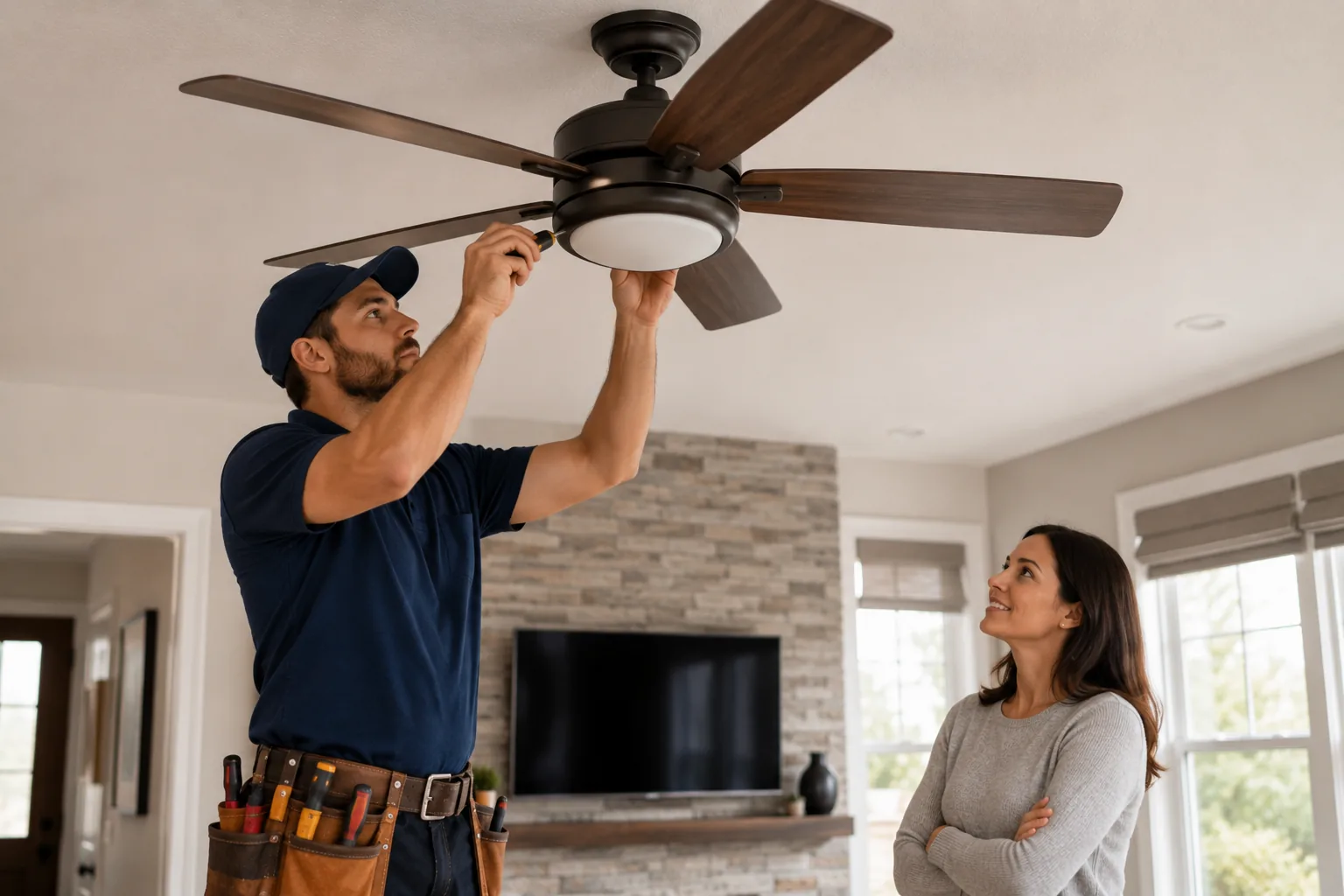 Electrician working on a ceiling fan installation