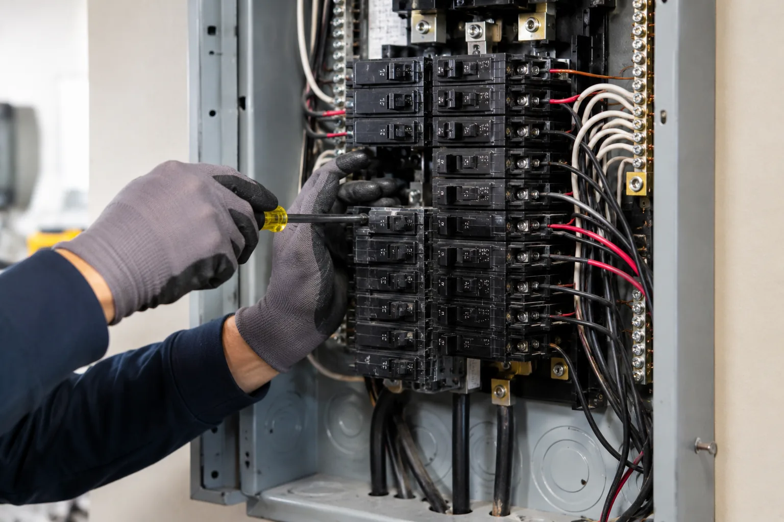 Electrician checking circuit breakers inside an electrical panel