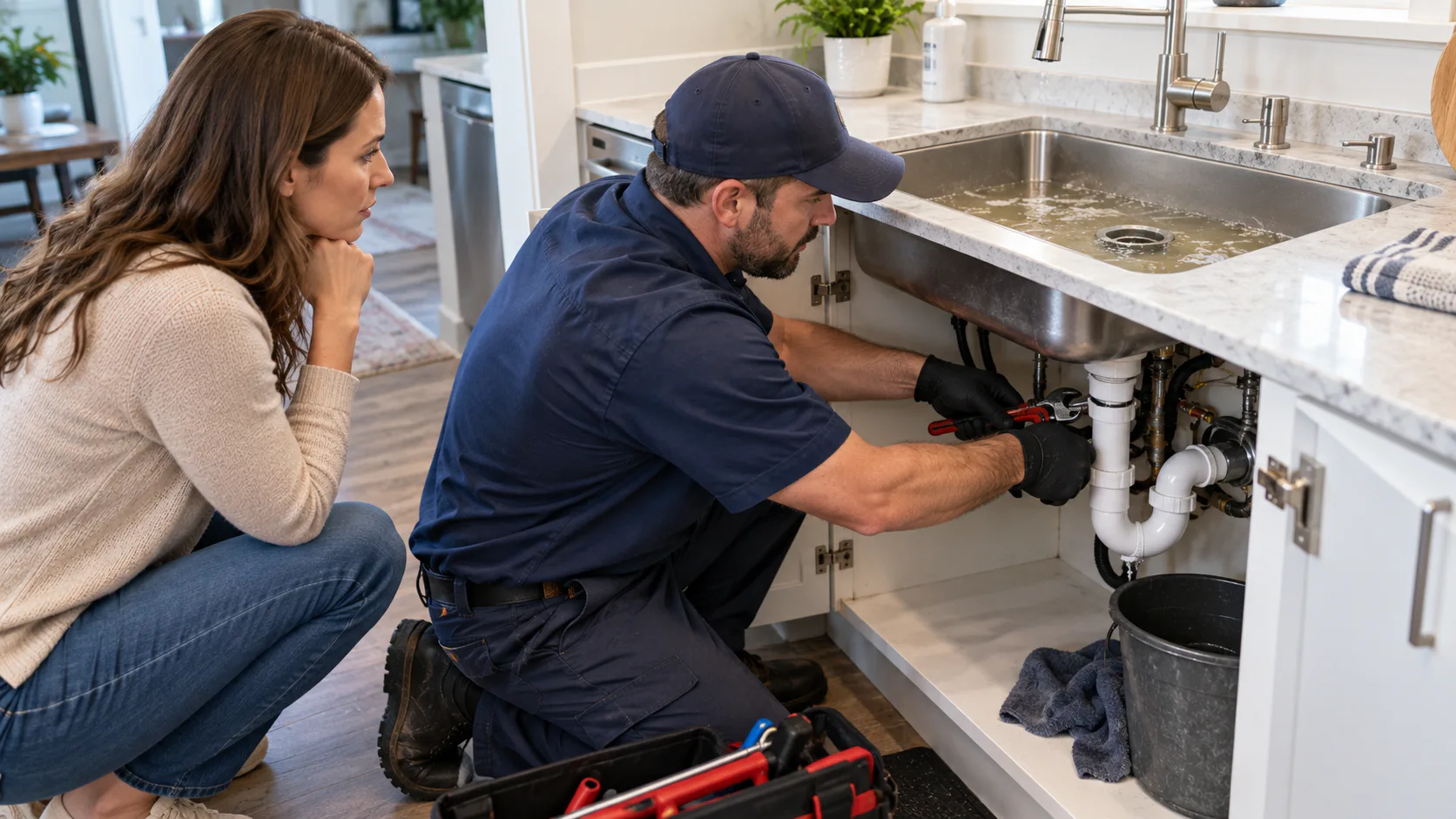 Plumber clearing a clogged kitchen sink drain