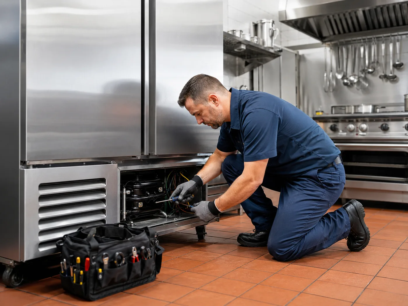 Technician inspecting commercial appliance equipment in a service setting