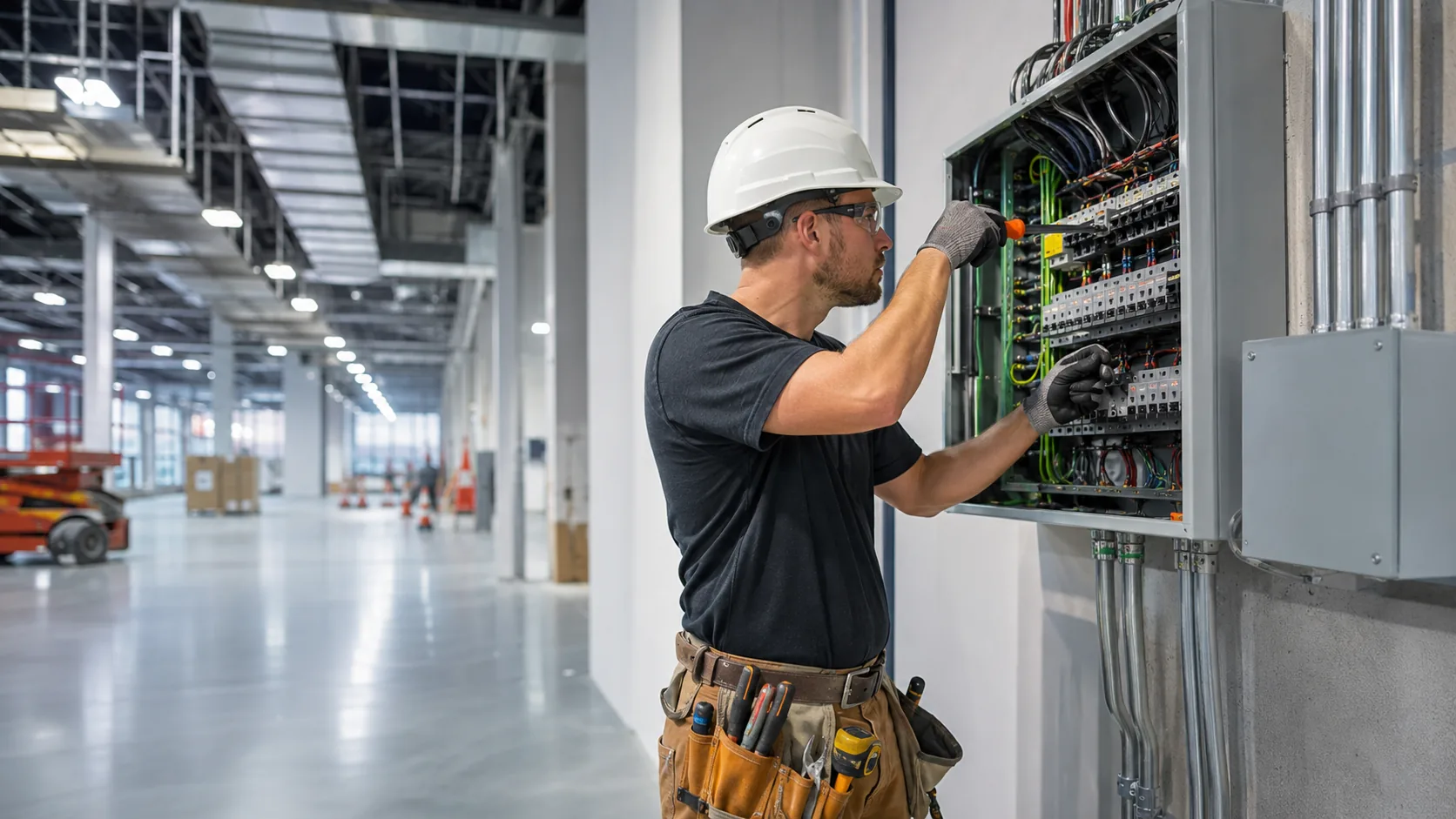 Electrician reviewing electrical equipment in a commercial service setting