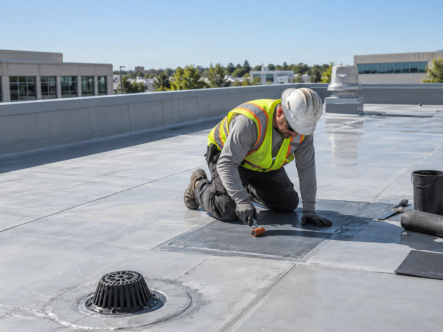 Roofer repairing a commercial flat roof membrane