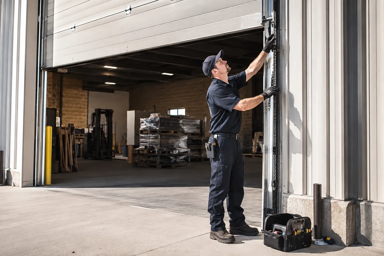 Technician servicing a commercial overhead garage door