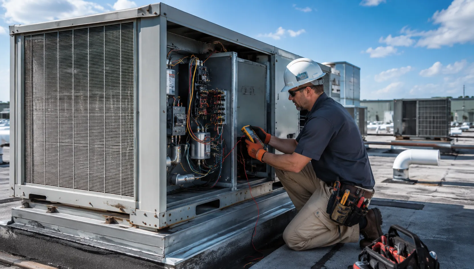 Technician servicing commercial HVAC equipment