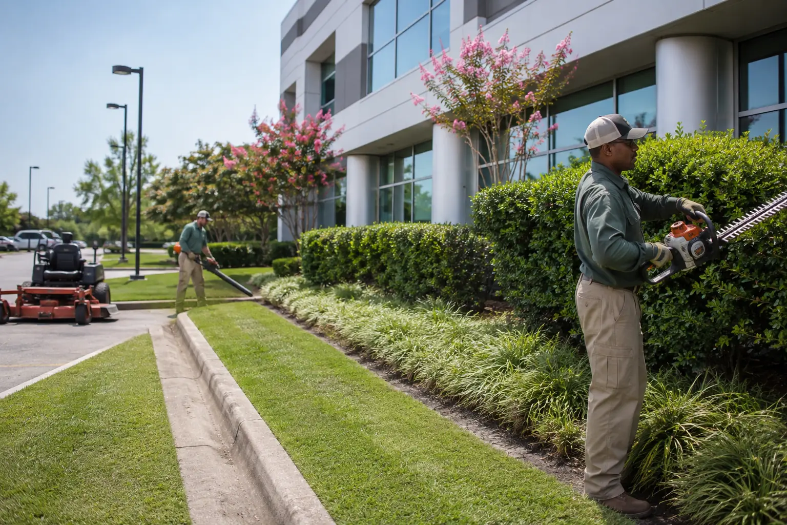 Landscaping crew maintaining a commercial property
