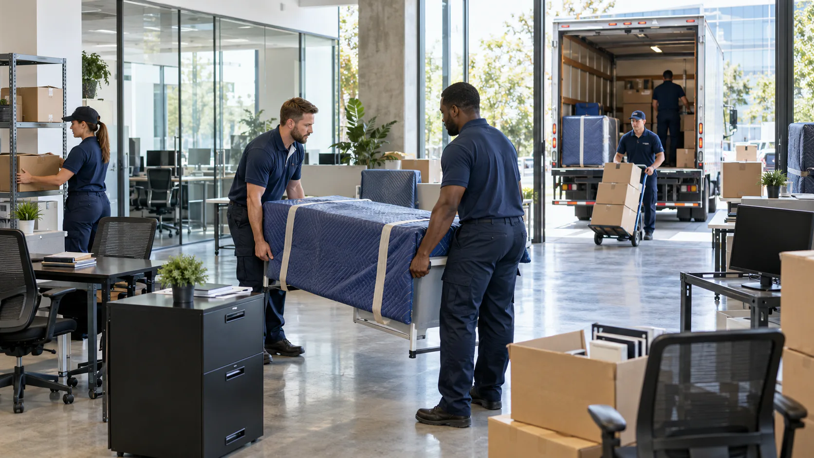 Movers preparing office furniture for relocation