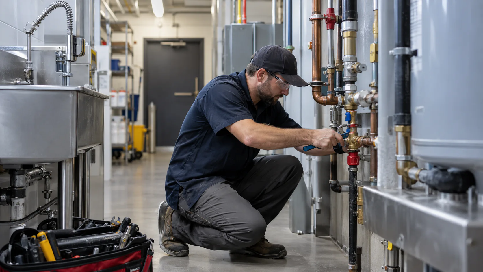 Plumber servicing plumbing in a commercial property