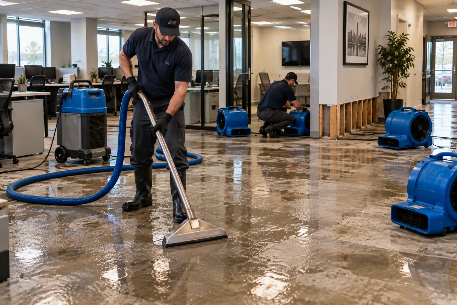 Restoration crew working in a water-damaged commercial property