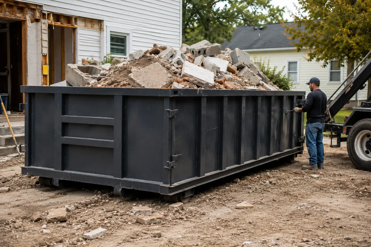 Roll-off dumpster containing concrete and heavy debris
