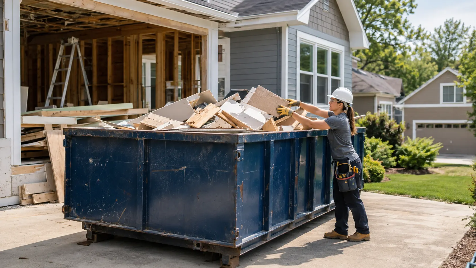 Roll-off dumpster holding construction and renovation debris