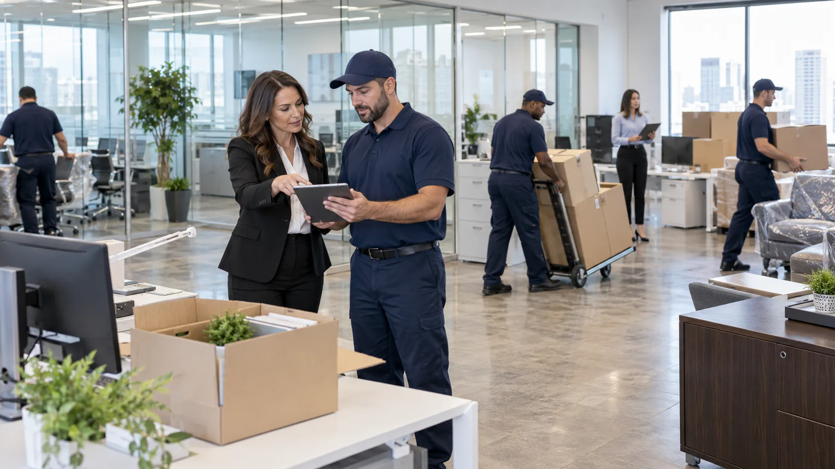 Moving team coordinating a corporate office relocation