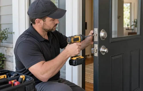 Technician installing or repairing a deadbolt lock