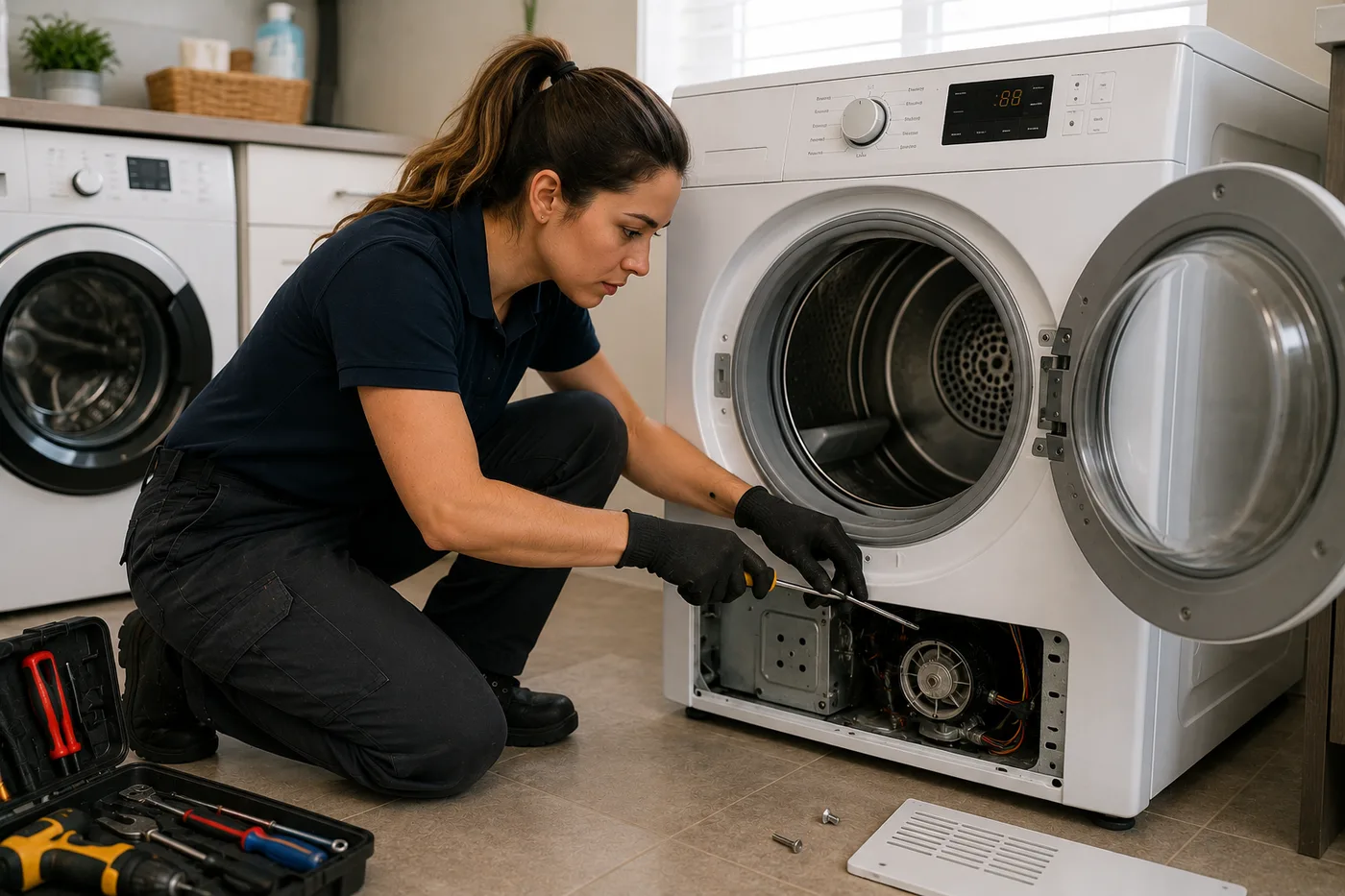 Technician inspecting a clothes dryer in a laundry area