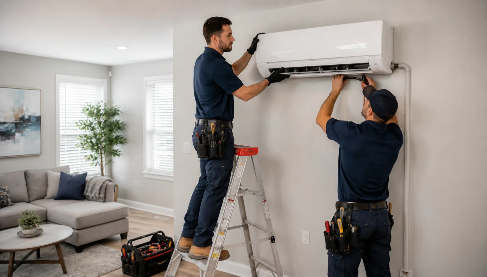 Technician installing a wall-mounted ductless mini split system
