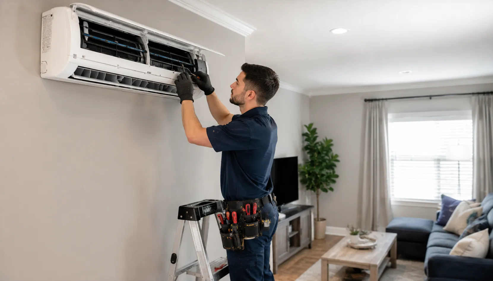 Technician servicing a wall-mounted ductless mini split