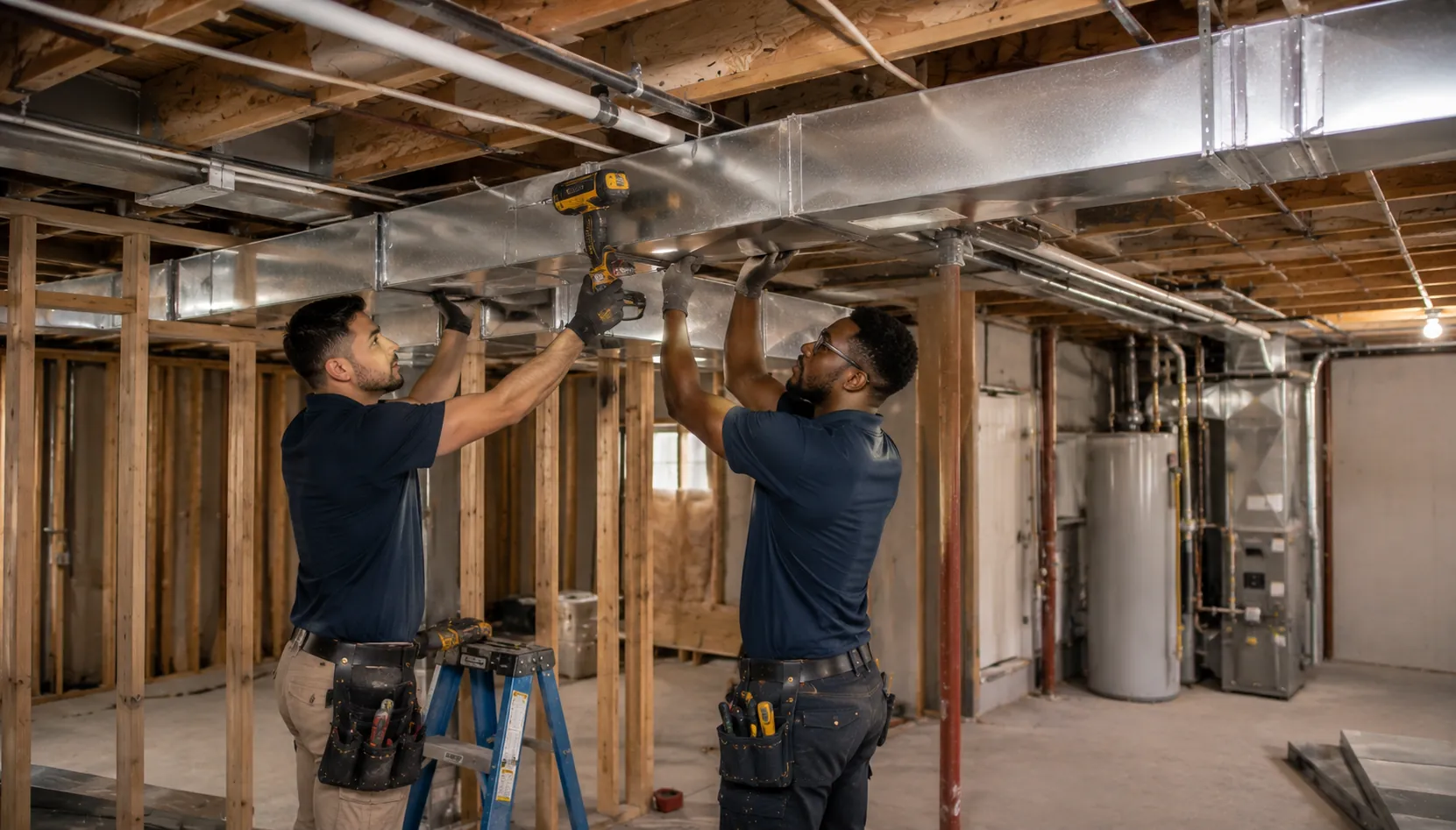 Technician installing replacement HVAC ductwork