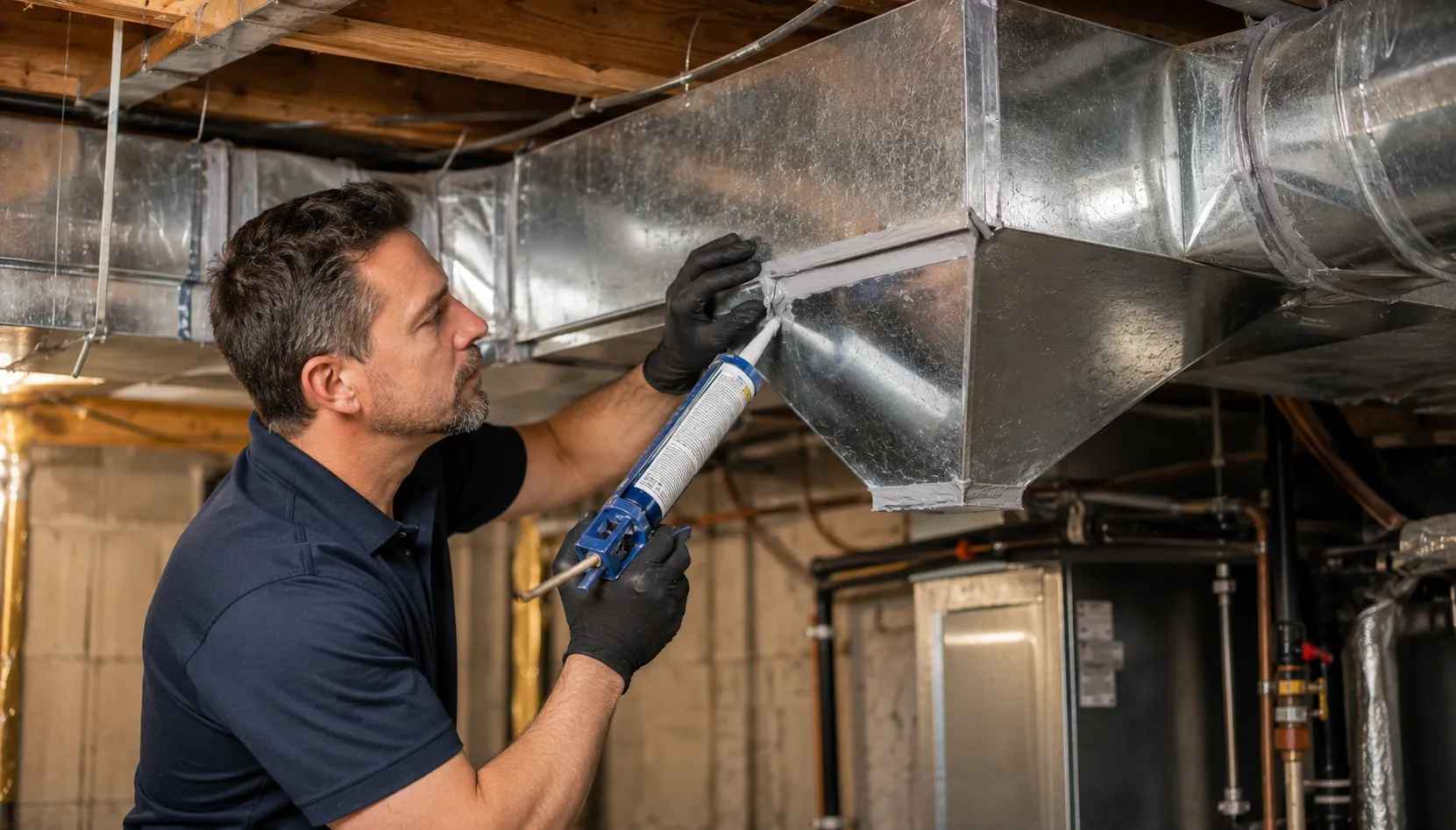 Technician sealing and repairing residential ductwork