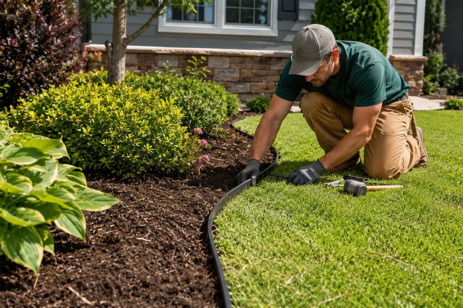 Landscaper installing edging along a garden border