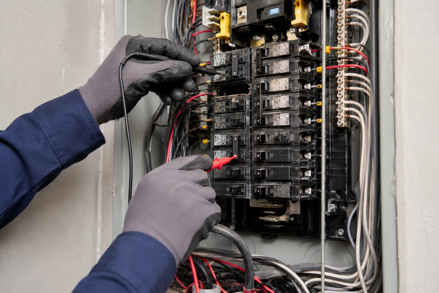 Electrician examining components inside a residential electrical panel
