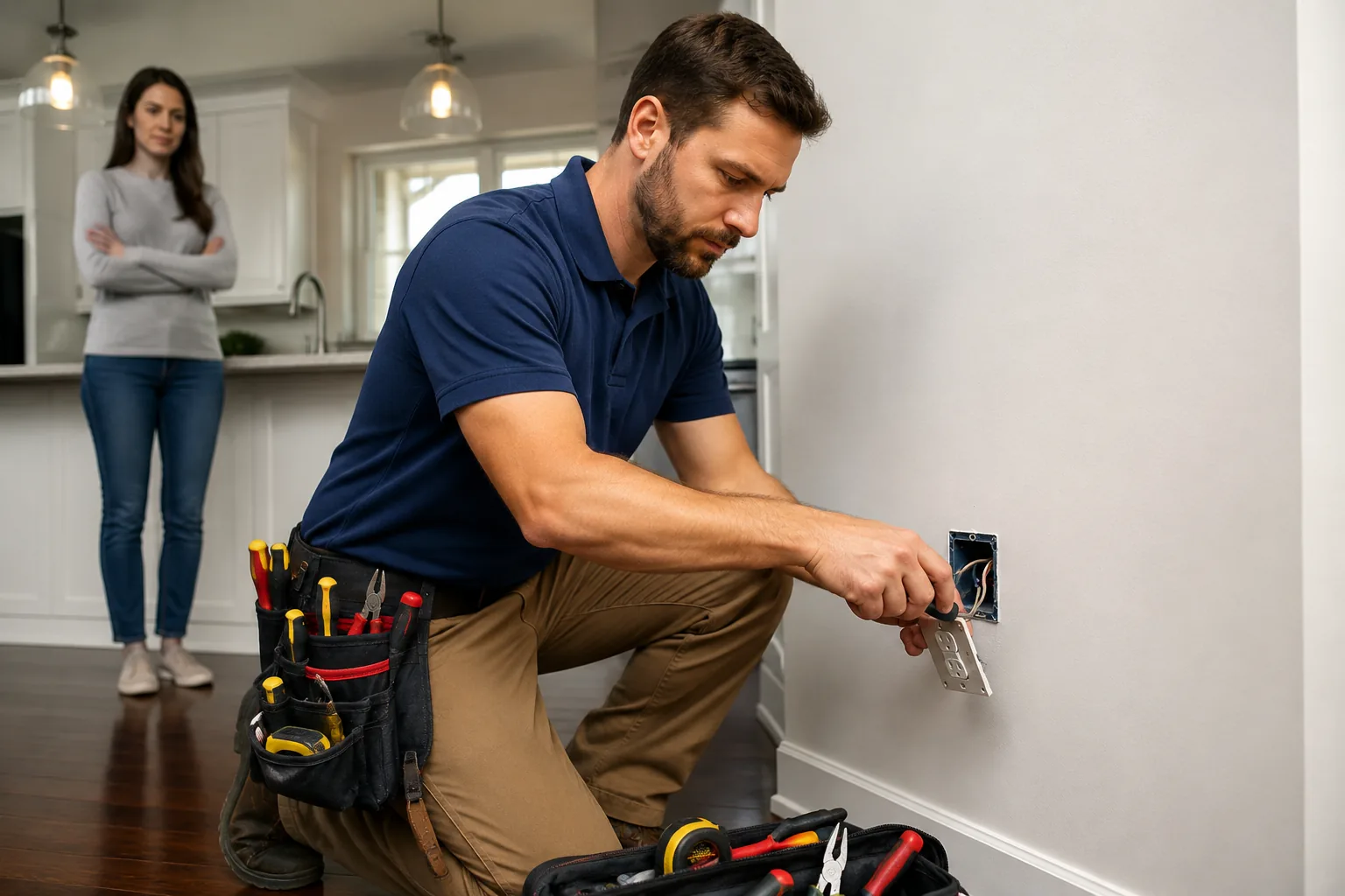 Electrician performing electrical repair work inside a home
