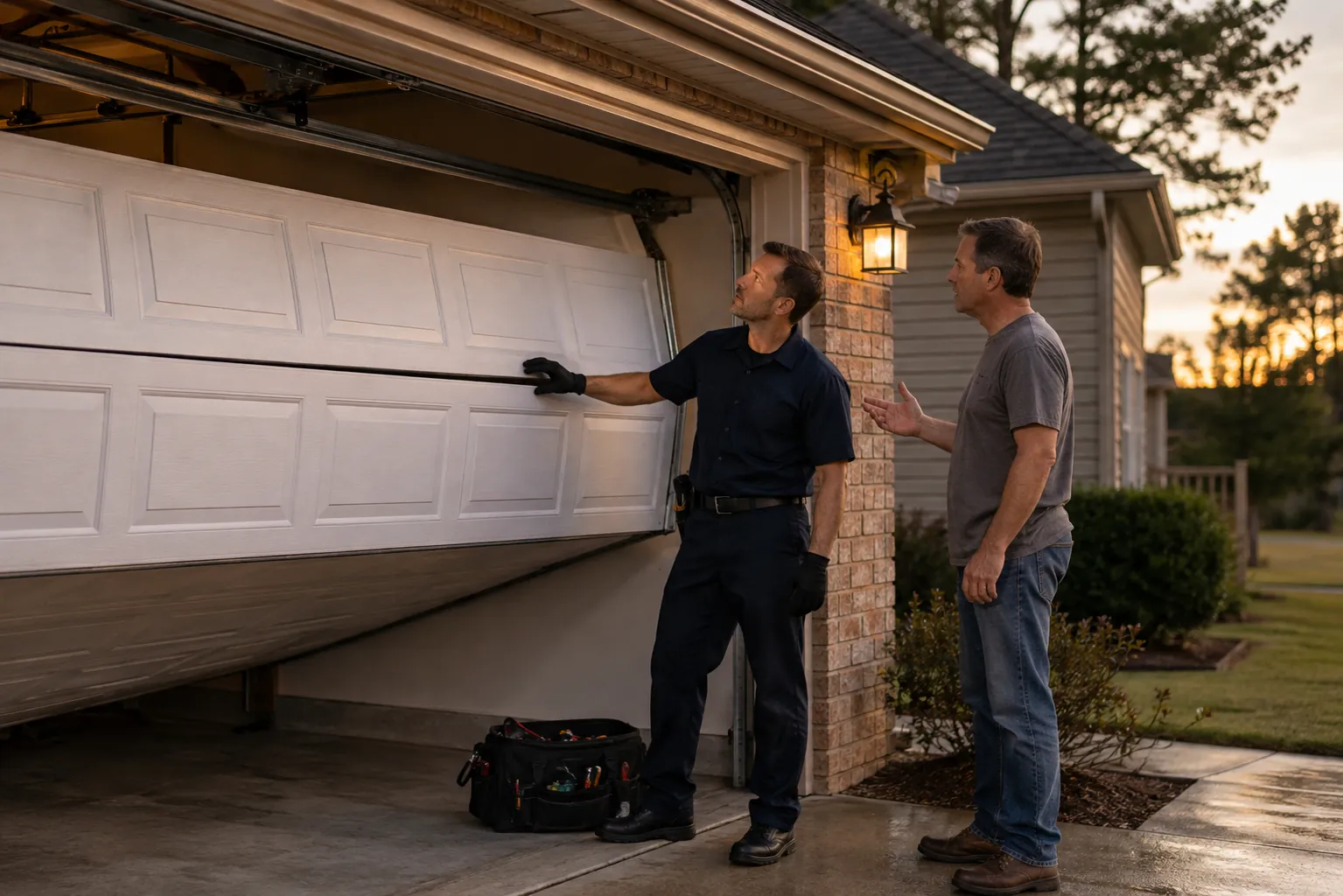 Technician responding to a residential garage door repair request
