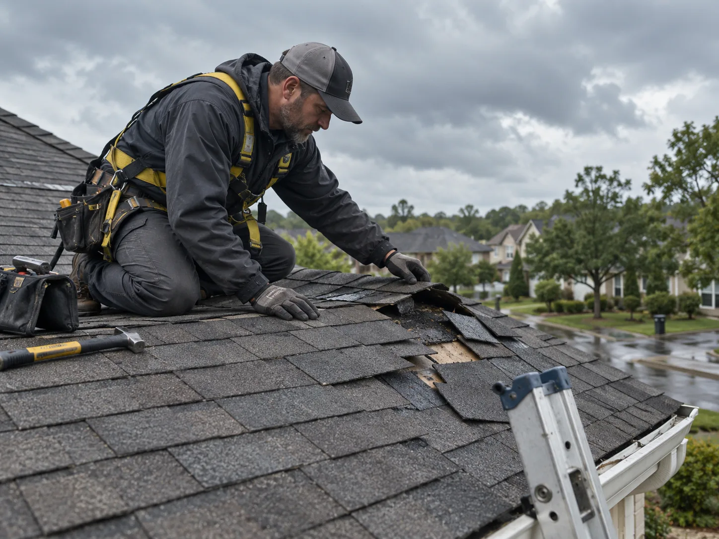 Roofer examining storm damage on a residential roof