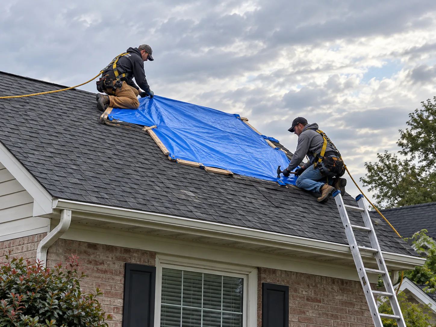 Roofers placing an emergency tarp over a damaged roof