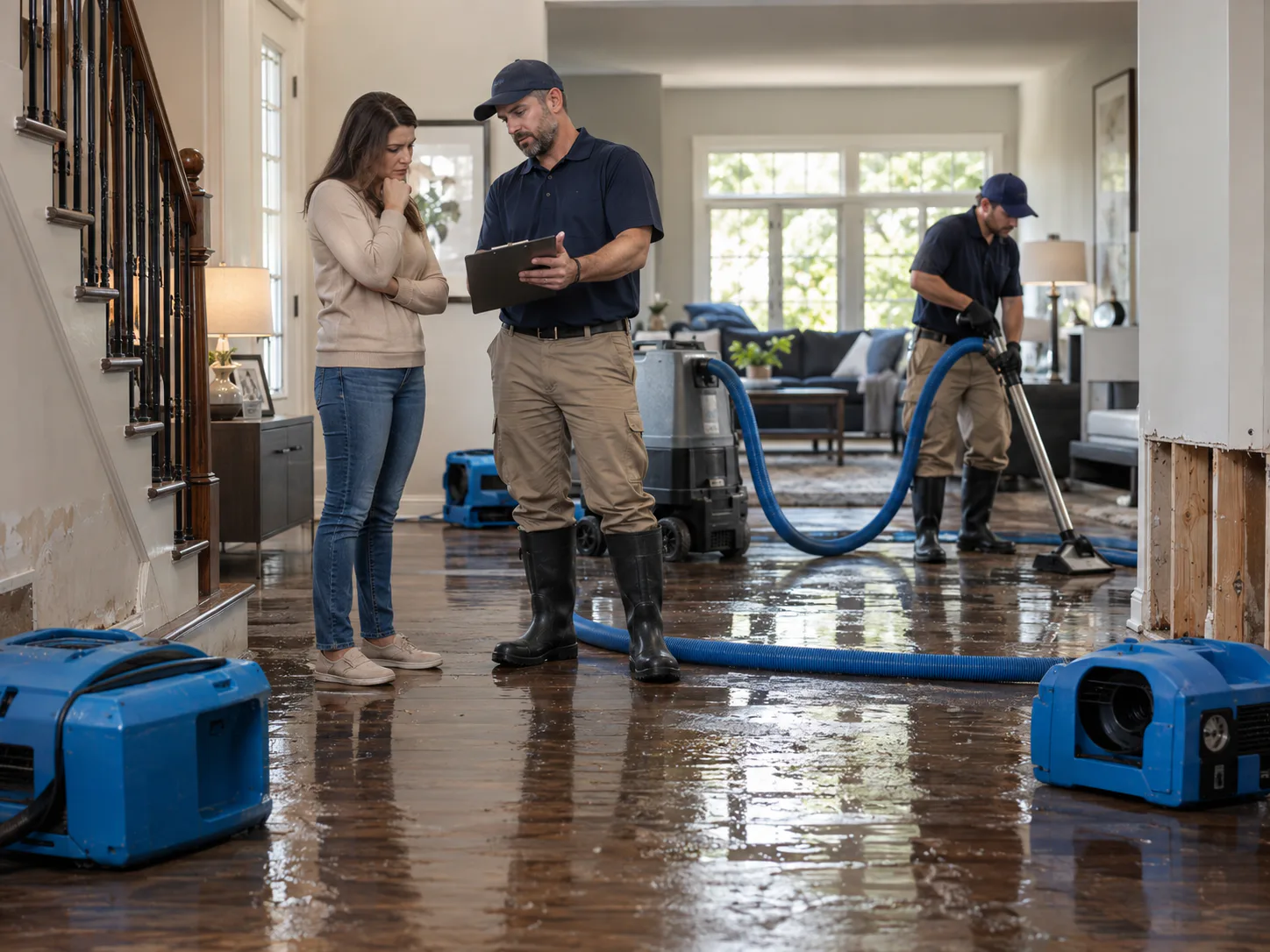 Restoration technicians responding to water damage inside a home