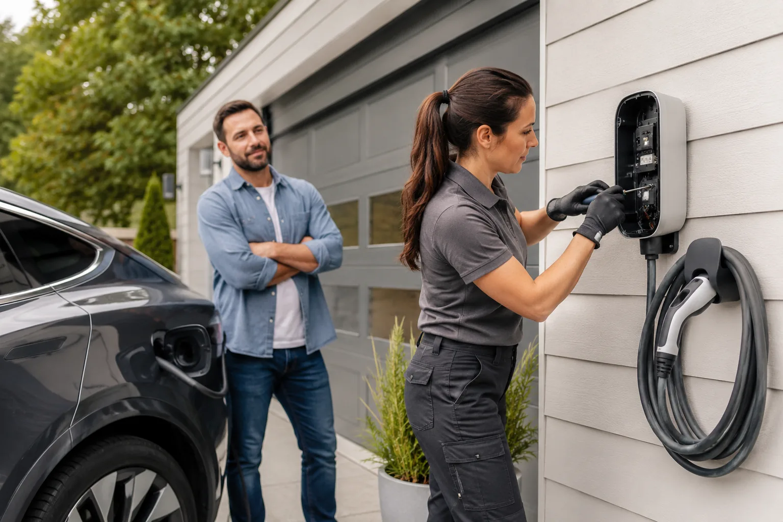 Electrician installing a home electric vehicle charging unit