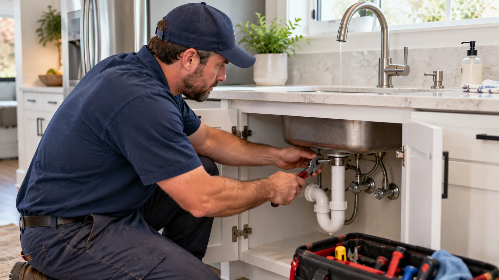 Plumber repairing a kitchen faucet and sink