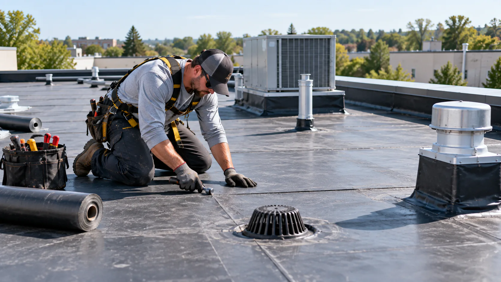 Roofing crew working on a flat roof