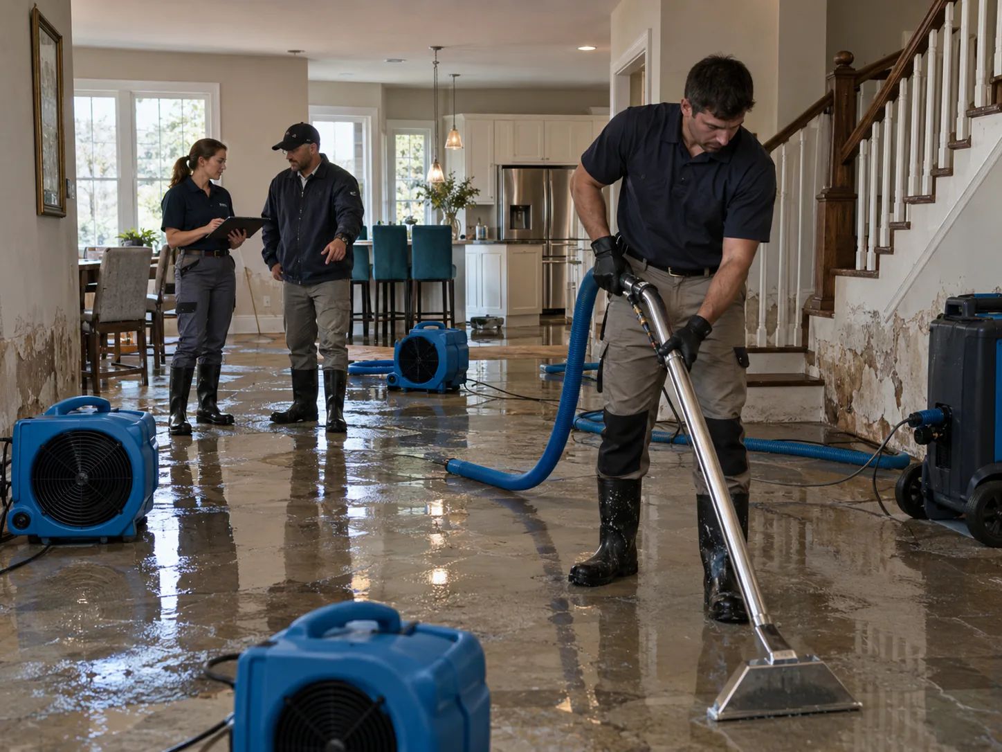 Restoration technicians working in a flood-damaged room