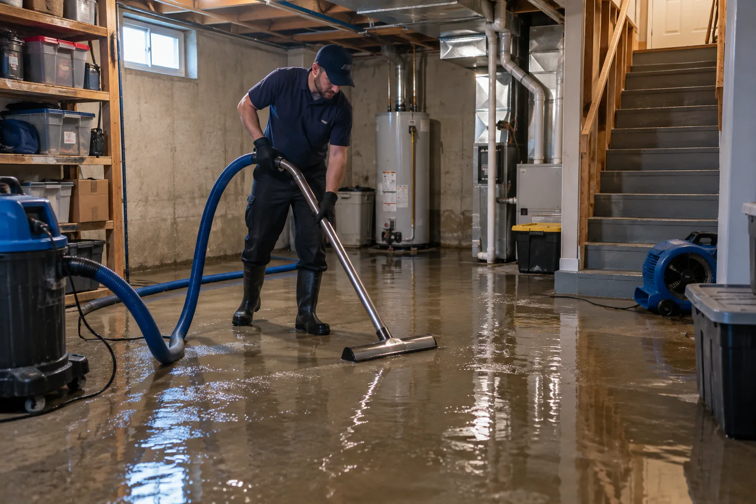 Technician removing standing water from a flooded basement