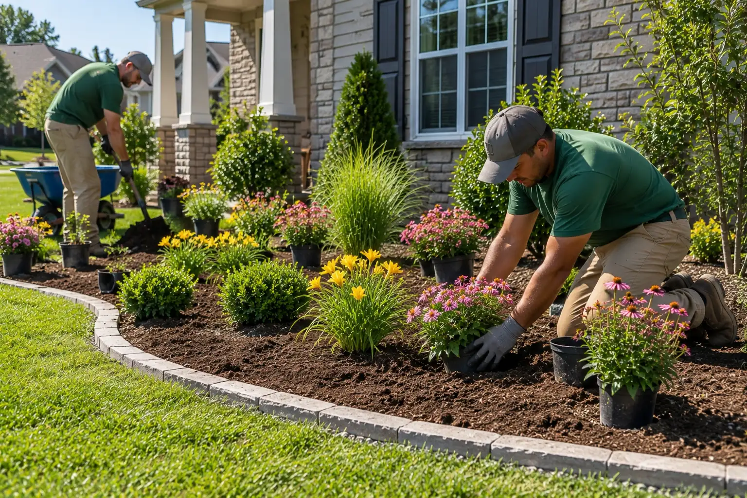 Landscaper installing flowers in a garden bed