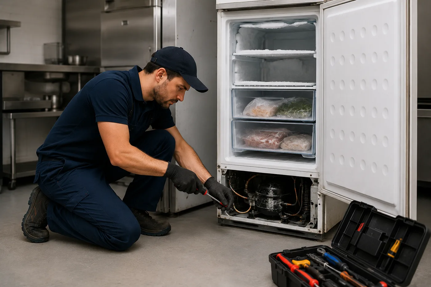 Technician repairing a home freezer
