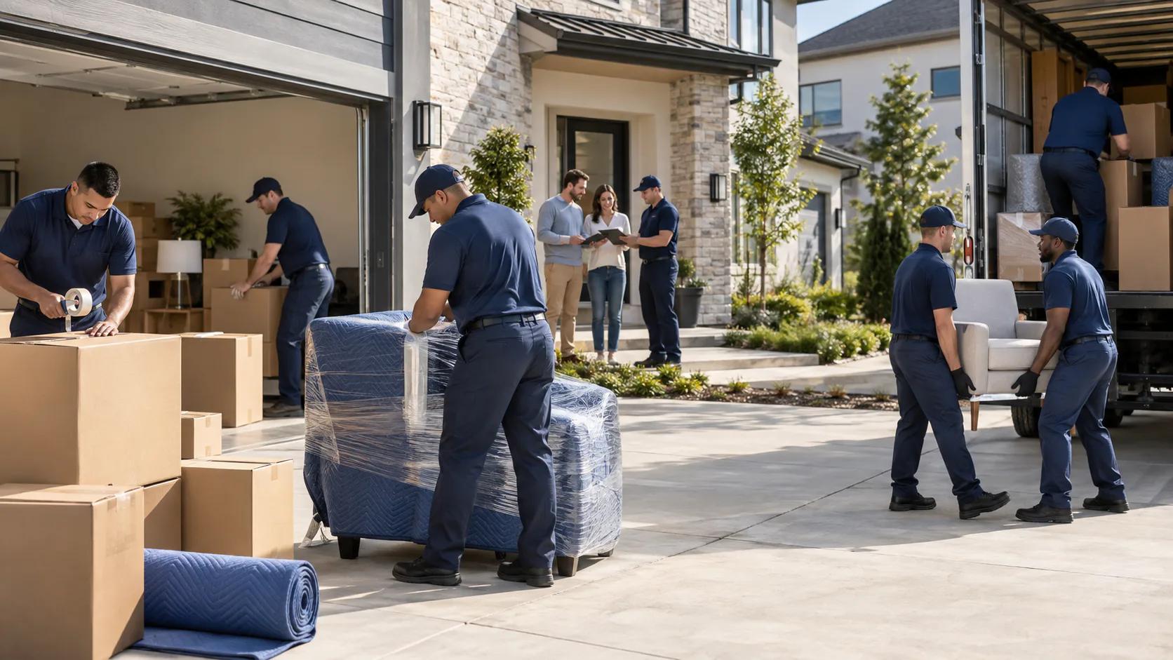 Full-service movers loading a household moving truck