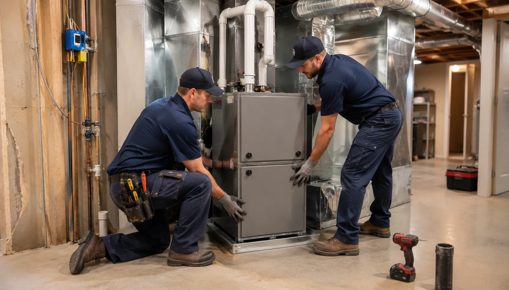 Technician installing a replacement furnace system