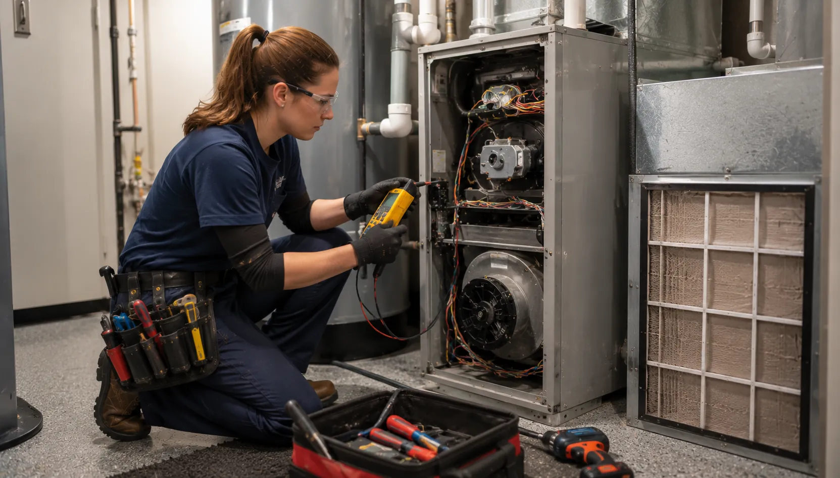 Technician performing maintenance on a home furnace